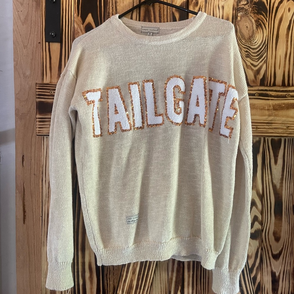 Simply Southern Crew Neck Sweater in Oatmeal with Vintage Tailgate Design